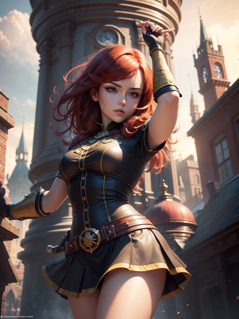 a beautiful girl with short skirt, red hair,rair bundle
 in free fire game scene, on a clock tower, (best quality,4k,8k,highres,masterpiece:1.2),ultra-detailed,(realistic,photorealistic,photo-realistic:1.37),highly detailed face and eyes,beautiful detailed eyes,beautiful detailed lips,extremely detailed eyes and face,long eyelashes,dynamic pose,action shot,cinematic lighting,vibrant colors,intricate background details,fantasy,video game art