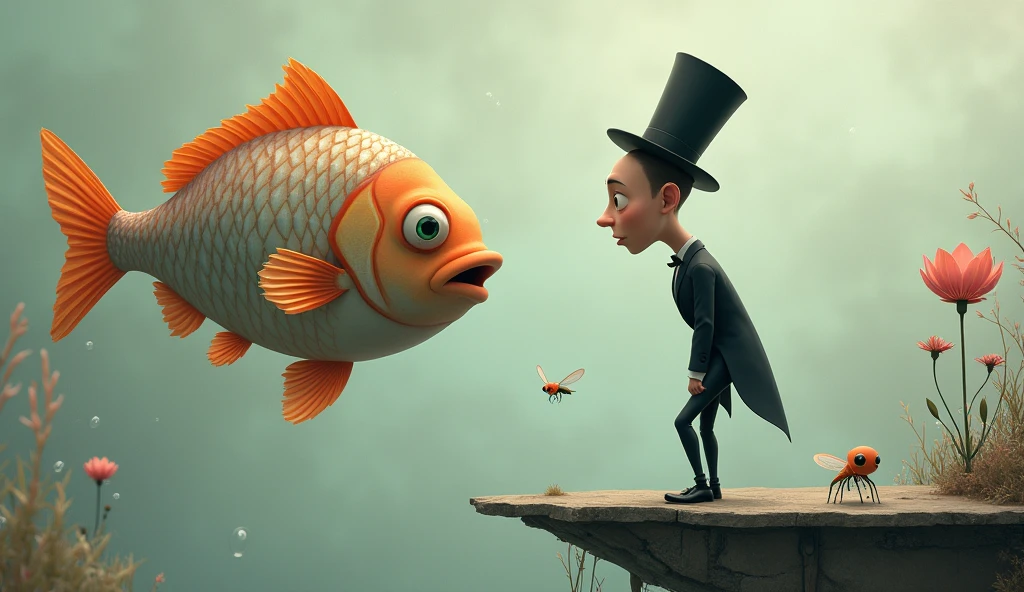 In a surreal, dreamlike setting, two large, anthropomorphic fish hovers in mid-air, its scales shimmering with subtle iridescent hues, and its large, round eyes, large eye ball, fat body, funny face, full of curiosity. The fish has vibrant orange fins that fan out gracefully, with delicate, translucent edges that catch the light. It faces a peculiar, a cartoonish young man who is dressed in a perfectly tailored black suit, complete with a crisp white shirt and a tall, slightly tilted top hat. The young man's head is disproportionately large, exaggerated popped eyes that mirror the fish's inquisitiveness. His expression is one of intense focus as he leans precariously forward on the edge of a weathered platform, his hands clasped behind his back. Between them, a tiny, delicate insect with gossamer wings hovers, seemingly frozen in the moment. Behind the man there's a cute baby octopus, seems it is his pet. The background is an ethereal, muted blend of soft grays, beiges, and blues, with faint, abstract textures that enhance the otherworldly atmosphere of the scene. A single, fragile flower grows from a crack in the platform, adding a touch of whimsy to the already fantastical environment. There are so many bubbles around and underwater plants in the background.