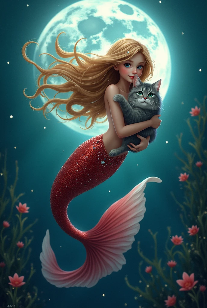 A blonde haired mermaid in a deep sea under the moonlight, red tail with rhinestones and shiny details on the face and hair hugging a friendly gray tabby cat