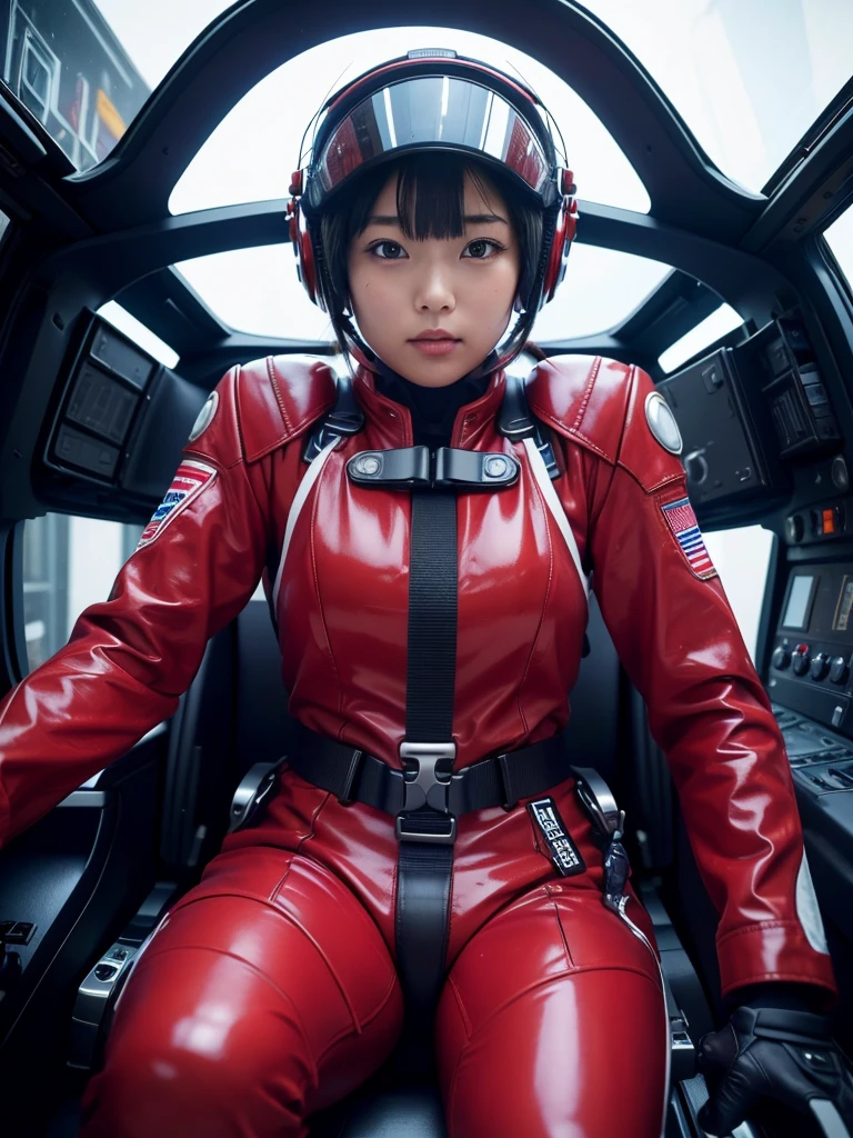 masterpiece, Highest quality, Very detailed, Japanese Android girl, Beautiful 2 Japanese woman, Plump,Control panel,Android,cyborg,Blunt bangs,Sitting in the cockpit and piloting,The control stick is in the center of the seat.,Red pilot suit,Strapped to the seat with a harness,Full-face helmet,