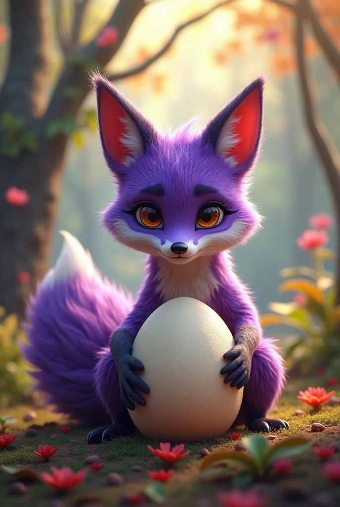 a highly detailed, photorealistic purple fox, hatching an ostrich egg in a lush forest, cute and whimsical, Ostrich eggs are bigger than foxes,intricate details, warm lighting, vibrant colors, (best quality,4k,8k,highres,masterpiece:1.2),ultra-detailed,(realistic,photorealistic,photo-realistic:1.37),extremely detailed fox,beautiful detailed eyes,beautiful detailed fur,extremely detailed ostrich egg,lush green forest,warm sunlight,soft lighting,magical atmosphere,whimsical fantasy,