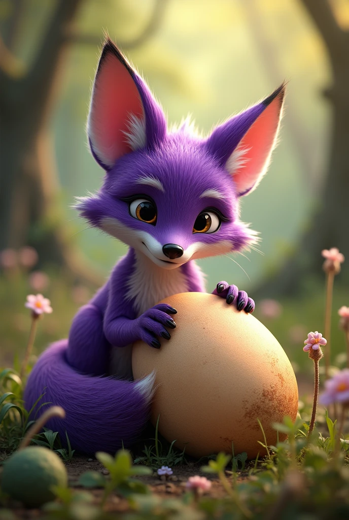 a highly detailed, photorealistic purple fox, hatching an ostrich egg in a lush forest, cute and whimsical, Ostrich eggs are bigger than foxes,intricate details, warm lighting, vibrant colors, (best quality,4k,8k,highres,masterpiece:1.2),ultra-detailed,(realistic,photorealistic,photo-realistic:1.37),extremely detailed fox,beautiful detailed eyes,beautiful detailed fur,extremely detailed ostrich egg,lush green forest,warm sunlight,soft lighting,magical atmosphere,whimsical fantasy,