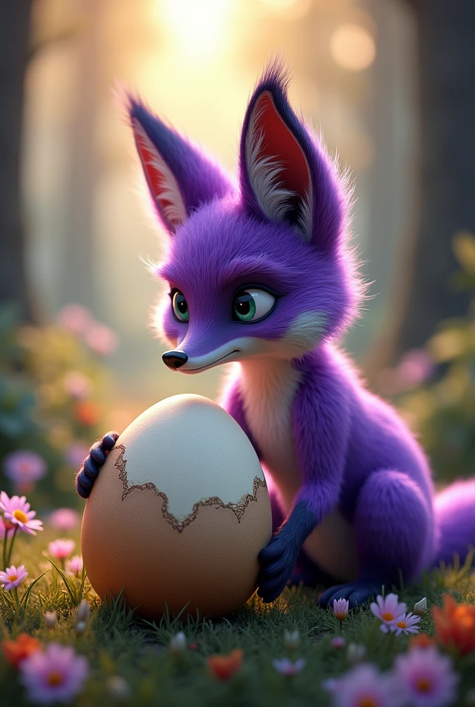 a highly detailed, photorealistic purple fox, hatching an ostrich egg in a lush forest, cute and whimsical, Ostrich eggs are bigger than foxes,intricate details, warm lighting, vibrant colors, (best quality,4k,8k,highres,masterpiece:1.2),ultra-detailed,(realistic,photorealistic,photo-realistic:1.37),extremely detailed fox,beautiful detailed eyes,beautiful detailed fur,extremely detailed ostrich egg,lush green forest,warm sunlight,soft lighting,magical atmosphere,whimsical fantasy,