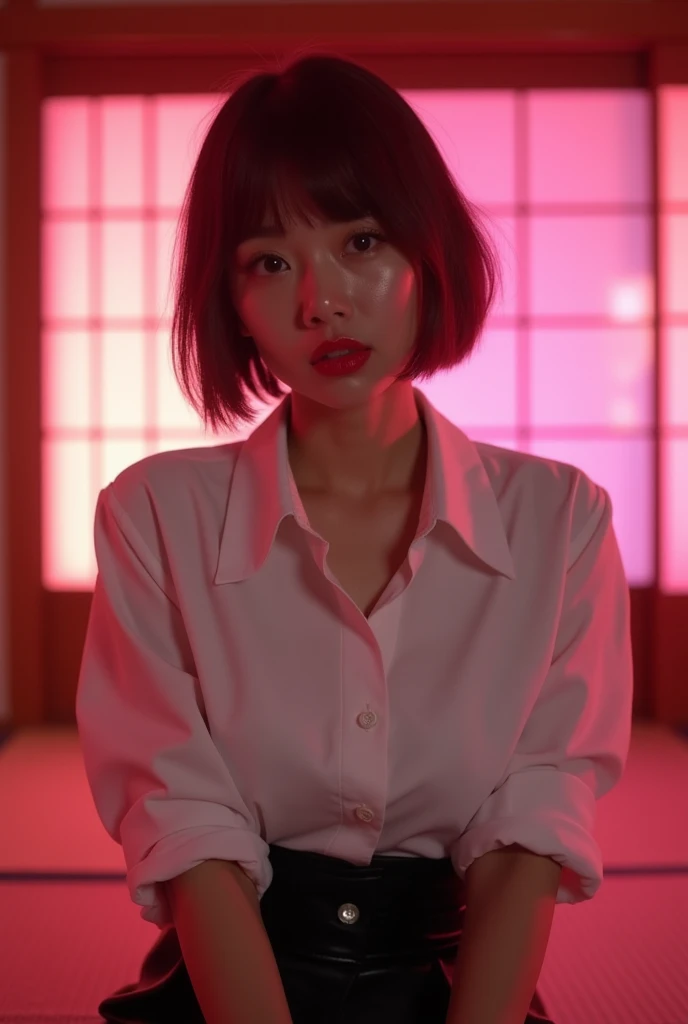 ((Japanese sexy actress)) Mature Woman ((Plump, bright red lips with lipstick)) Big Breasts Duck mouth ((Short brown hair with bangs)) ((Looking into the camera)) Sit with your legs apart ((White button shirt and black enamel tight skirt)) Low-angle shot of a person standing facing forward look down ((A bedroom with shoji and tatami mats lit up in pink neon lights))