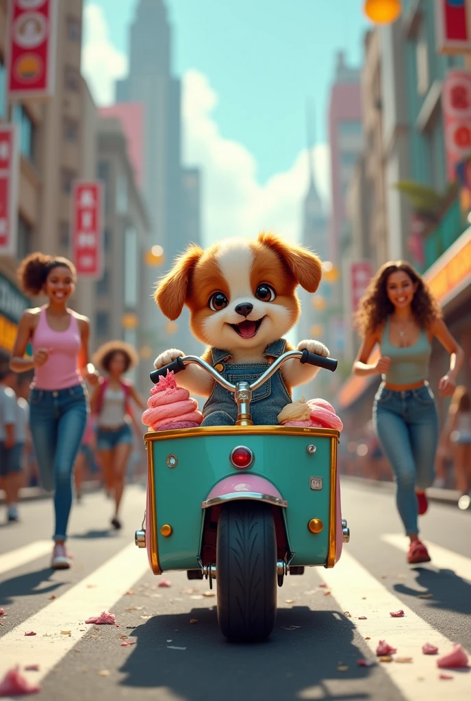 {
"size": "1024x1792",
"prompt": "A small brown and white puppy in worn denim overalls is gleefully driving a colorful ice cream motorcycle cart down a busy city street. The cart is filled with ice creams, and the puppy’s face shows excitement. Running after the cart is a frustrated female ice cream vendor in a white apron and cap, arms outstretched and apron fluttering. Pedestrians react with surprise and amusement. The background features a vibrant cityscape with buildings and storefronts.