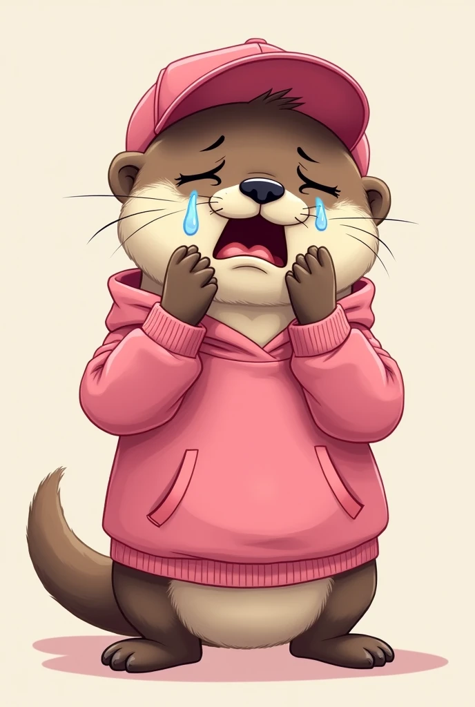 drawing of an otter, with pink cap, pink sweatshirt, with a face crying loudly and wiping away tears 