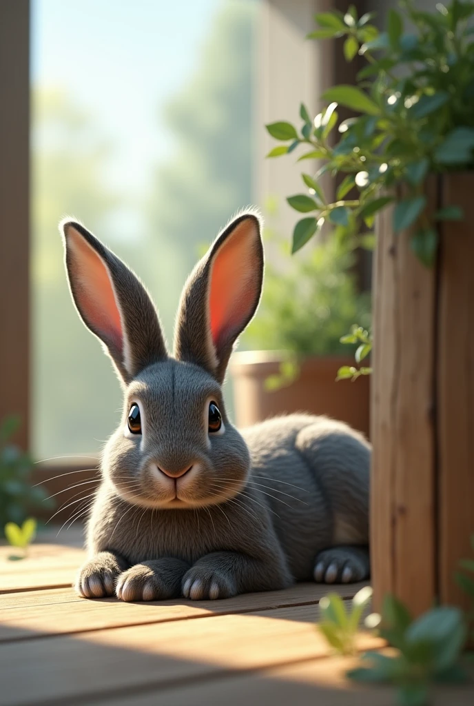 An image where a little less than half on the right side there is a blurred wooden object that covers half of the image in the foreground and on the other part a rabbit, quite big, gris con un pelaje notorio mirando hacia la izquierda quite big, Laying face down, one ear down and the other pointing to the left, in the background a window, mostly covered by the standing ear and a little before that some plants on the right side. The environment is outdoors with bright light. make it realistic. not animated

