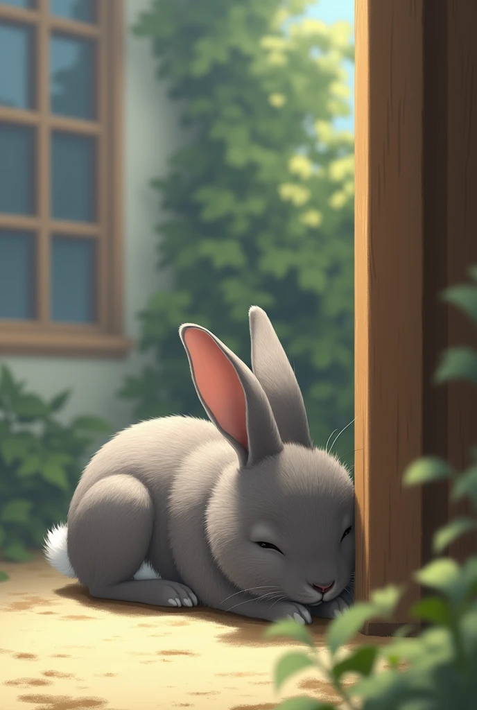 An image where a little less than half on the right side there is a blurred wooden object that covers half of the image in the foreground and on the other part a rabbit, quite big, gris con un pelaje notorio mirando hacia la izquierda quite big, Laying face down, one ear down and the other pointing to the left, in the background a window, mostly covered by the standing ear and a little before that some plants on the right side. The environment is outdoors with bright light. make it realistic. not animated