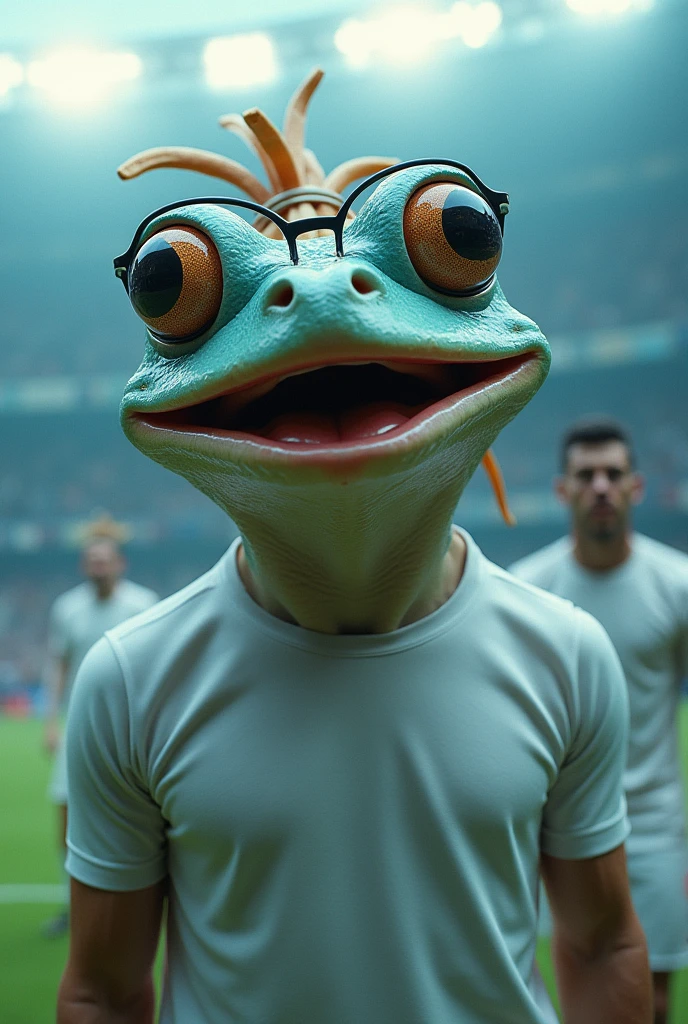 A man's body, a frog's face, wearing glasses, wearing a hifa, wearing a shirt, and his color is blue and white iyning. Baground football ground frunt 2 man 1 man is ronaldo and 2 nd massey
