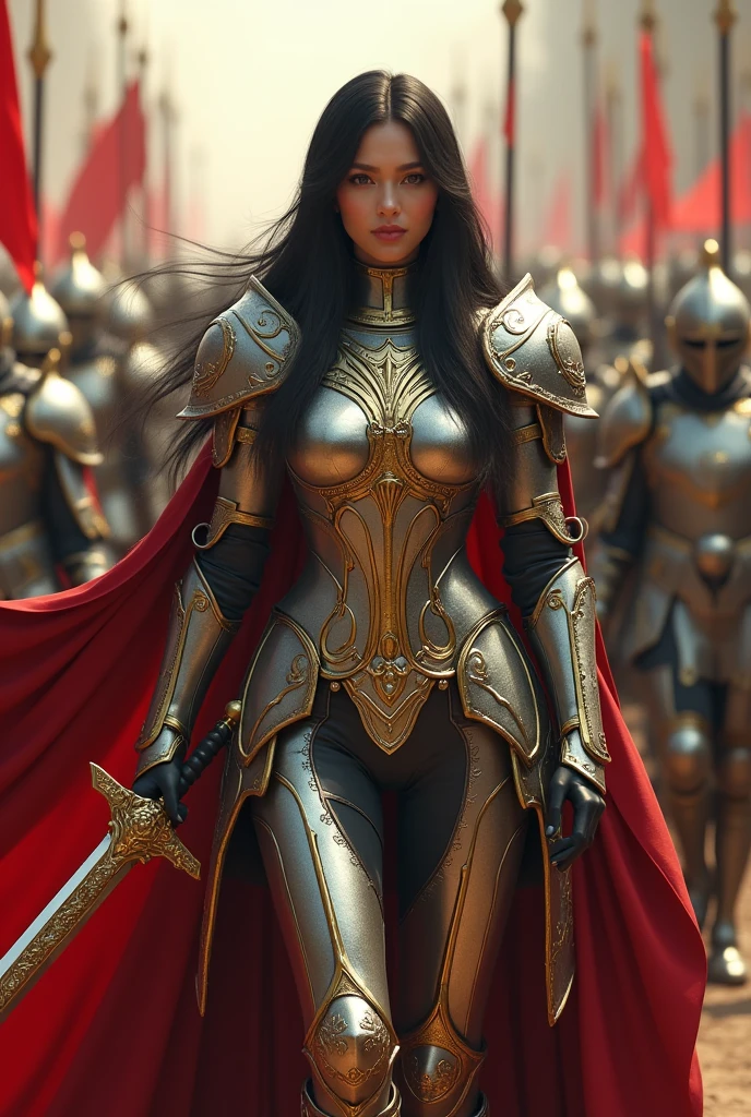 an elegant beautiful lady paladin with a long black hair wearing graceful paladin armor wielding a golden imperial ornate longsword, concept art, by Roman Bezpalkiv, silver and gold full armor, holy crusader, silver gold red details, symmetrical dieselpunk warrior, shadowverse character concept, detailed full body concept, fully clothed in beautiful ladylike armor, retro armor, full body concept, from warcraft, templar, photorealistic, marching army background, octane render