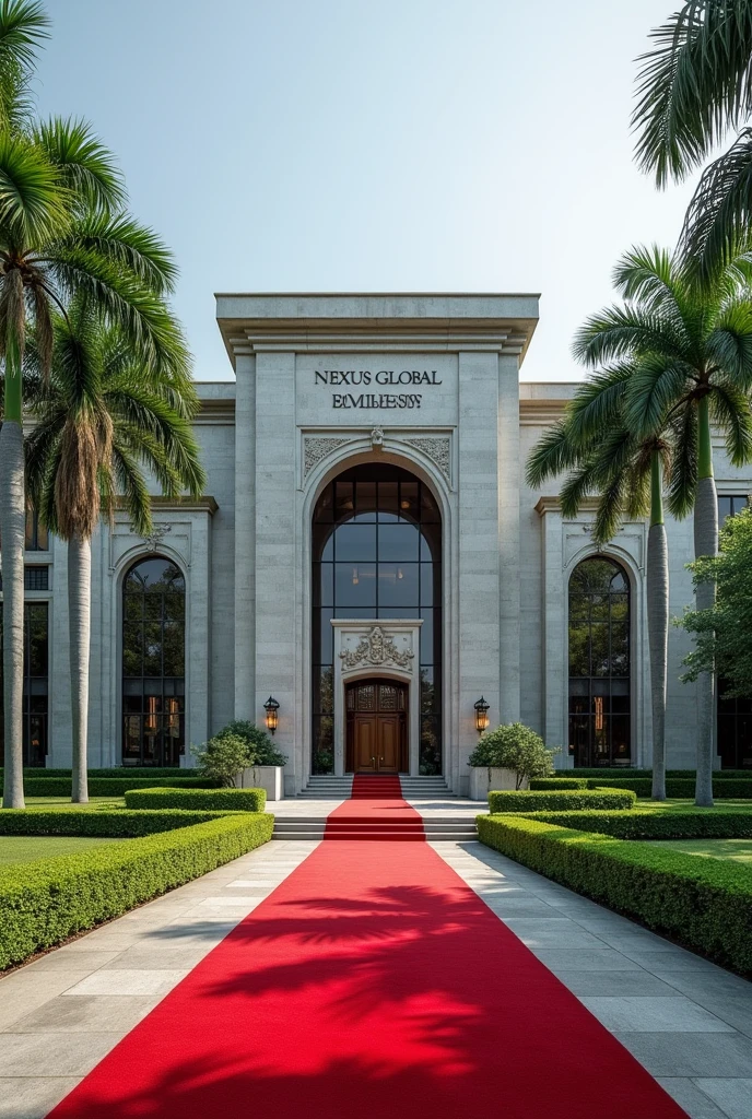 A wonderful and luxurious building, it's on it's own with large compound with trees and Grass with Singaporean architecture and the words Nexus Global Embassy fully exposed on the building separate concrete with red carpet on the entrance with a good full view and angle .Expose the words Nexus Global Embassy on the concrete fully I can't see the words and the driveway the spelling is wrong
