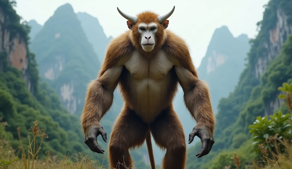 Panoramic front view,There is a wild beast in the mountains of Guilin,It looks like a brown monkey and its ears are white.,Standing upright like a human(best quality,4K,8k,High level,masterpiece:1.2),Ultra Detailed,(lifelike,Photo real,Photo real:1.37)