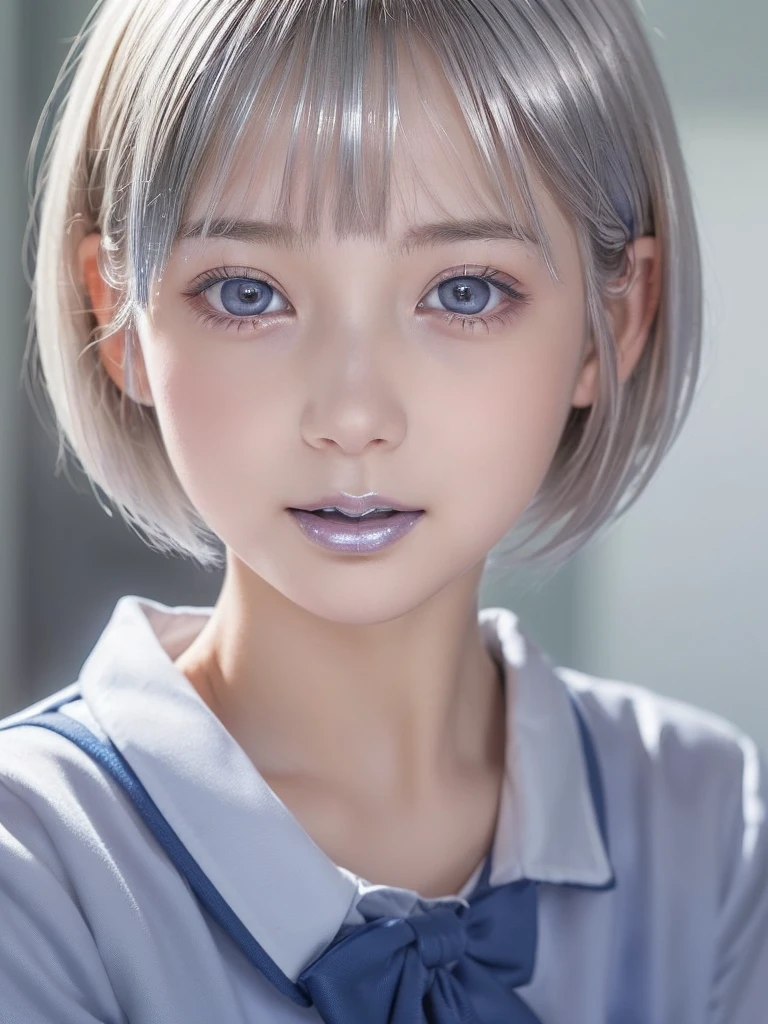 NSFW,(A portrait of a young cutie beautiful girl in school uniform:1.5), with a bright expression, glowing white skin,shimmering cheek, small face,(best looks:1.5),break,(silver short hair:1.75),break,(shimmering clear alluring bright large pale blue eyes,downturned eyes,charming eyes,balanced eyes,eyeliner,charming smile,perfect bust:1.25),masterpiece,photorealistic, 16k, high quality, masterpiece,realistic portrait,high resolution fix,(Ecstasy,Orgasm face,sexual climax:1.25)