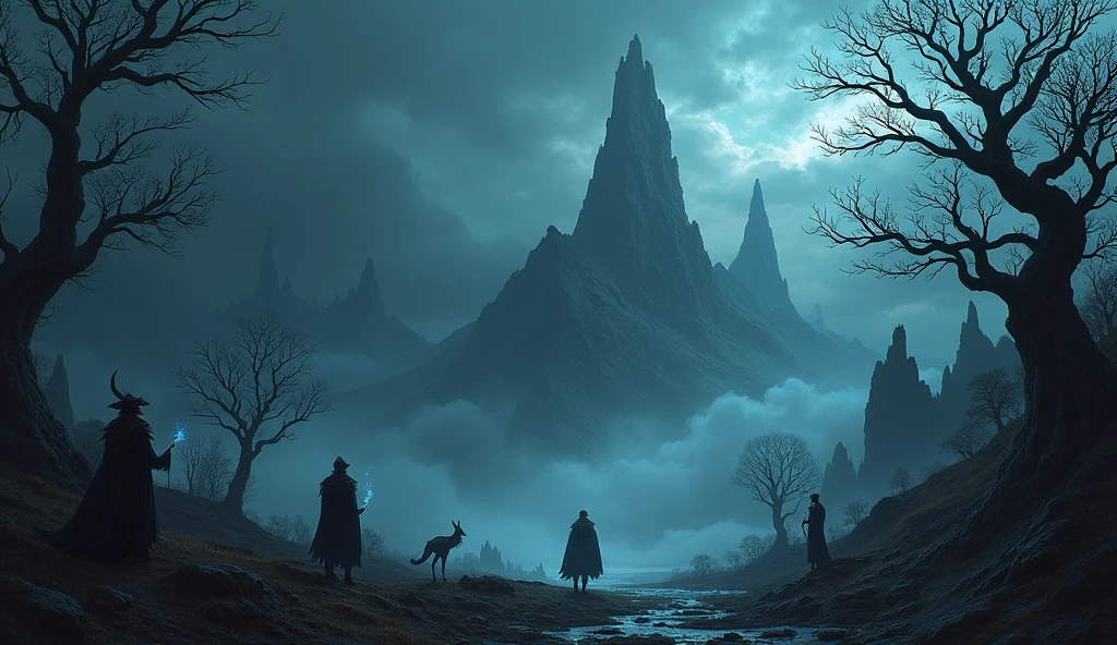Fantasy background with mystical creatures. Dark fantasy style. Realistic drawn image.