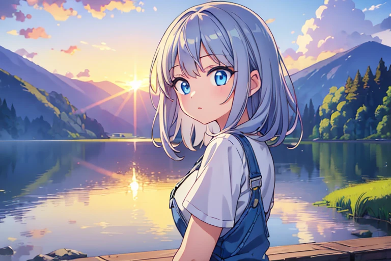 1girl, Cute, Gray medium hair, Blue Eyes, detailed beautiful face and eyes, T-shirt, Overalls, lake, nature, the morning sun rises, golden hour, sunlight, (wide shot:1.2), side view, Upper Body Shot, very detailed background, (best quality, 4k, highres, masterpiece:1.2), ultra-detailed, Perfect Face, Perfect Arms, anime, Ultra-fine illustration,
