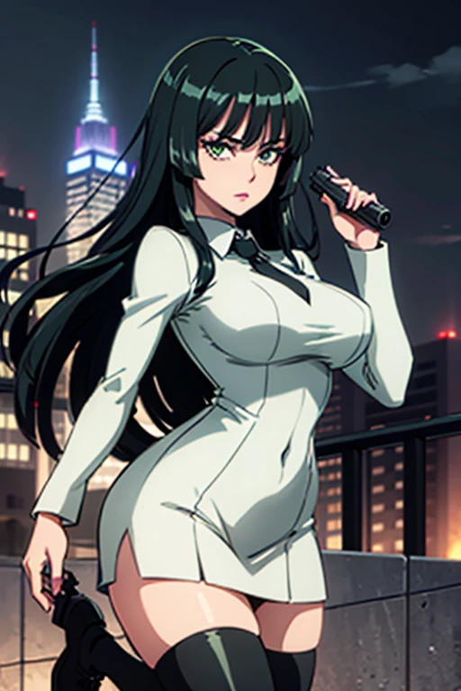 Highest quality、Ultra HD、One Woman、(Dark green long hair 1.3)、(White Suit 1.3)、(White tight skirt 1.3)、(Black tie)、(Black loafers 1.1)、((tall))、((1 who has a gun.2))、(Large Breasts)、(Black knee-highs 1.2)、(Beautiful face with sharp eyes 1.2)、40-year-old woman、Slender body、(Night city background 1.2)、((Clear and beautiful touch))