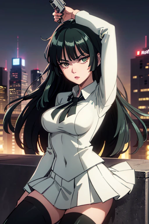 Highest quality、Ultra HD、One Woman、(Dark green long hair 1.3)、(White Suit 1.3)、(White tight skirt 1.3)、(Black tie)、(Black loafers 1.1)、((tall))、((1 who has a gun.2))、(Large Breasts)、(Black knee-highs 1.2)、(Beautiful face with sharp eyes 1.2)、40-year-old woman、Slender body、(Night city background 1.2)、((Clear and beautiful touch))