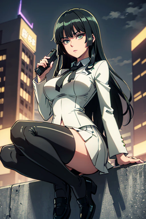 Highest quality、Ultra HD、One Woman、(Dark green long hair 1.3)、(White Suit 1.3)、(White tight skirt 1.3)、(Black tie)、(Black loafers 1.1)、((tall))、((1 who has a gun.2))、(Large Breasts)、(Black knee-highs 1.2)、(Beautiful face with sharp eyes 1.2)、40-year-old woman、Slender body、(Night city background 1.2)、((Clear and beautiful touch))