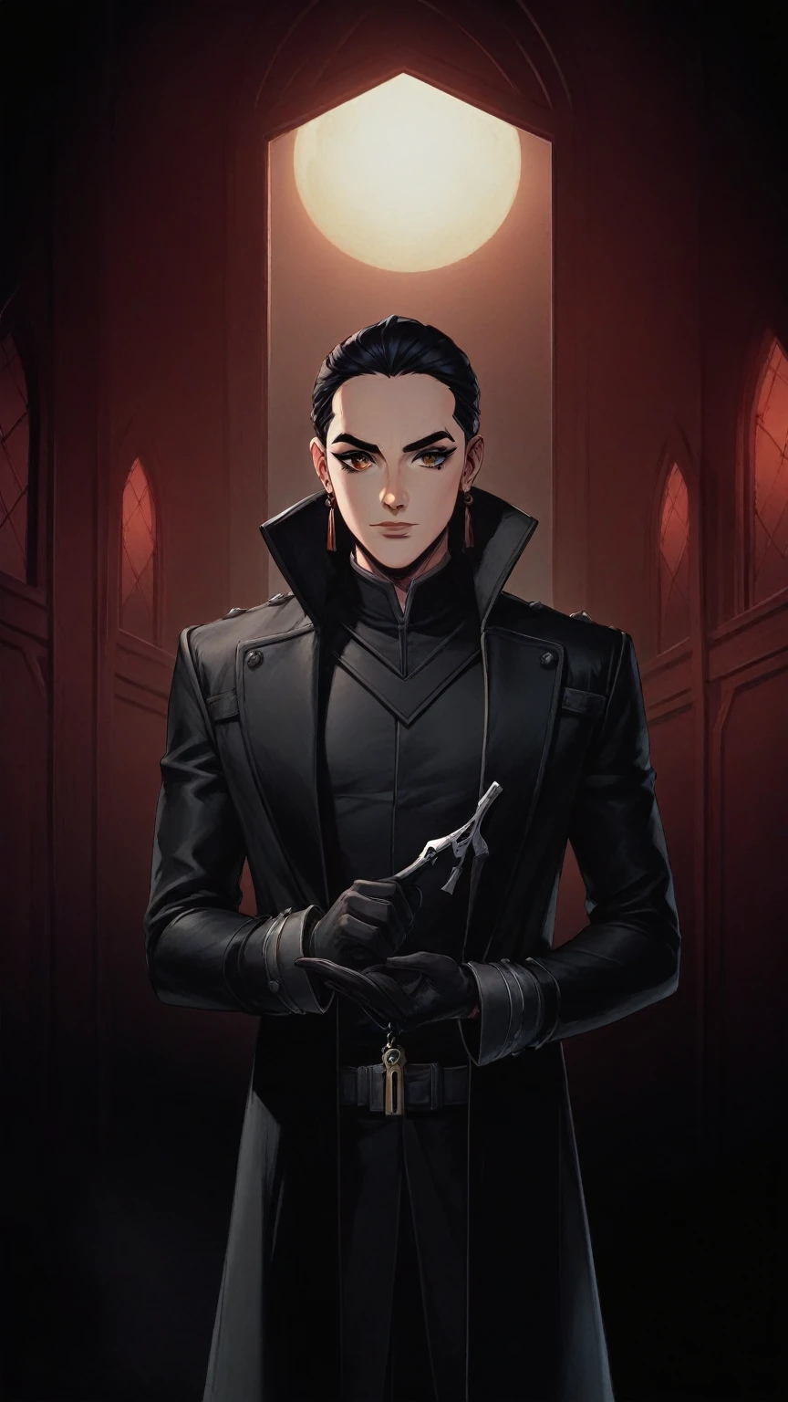 arafed image of a man in a black coat standing in a dark room, handsome guy in demon slayer art, official character art, beautiful androgynous prince, key anime art, male anime character, official character illustration, official art, ozymandias, omen from valorant, shigenori soejima illustration
