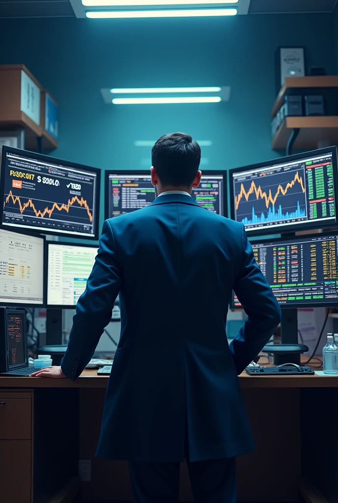 Computer and trading man stock market  and bit coin  and bill strategy and setup five computerthat man's blue coat pants and big face and small house