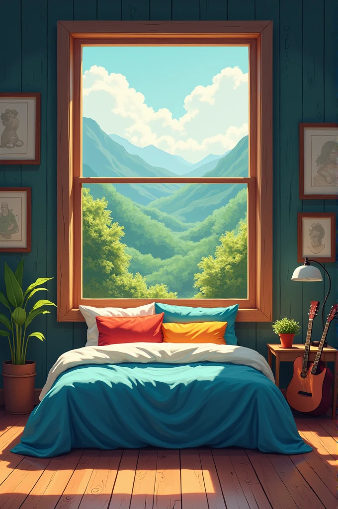 The image is a digital illustration of a bedroom with a large window. The window has a view of trees and greenery outside. The room has a wooden floor and a blue bed with a blue comforter and colorful pillows. On the right side of the window, there is a wooden nightstand with a lamp and a plant on it. Next to the nightstand, there are two guitars. The walls are painted in a dark color and there are several framed pictures hanging on the wall. The overall style of the room is cozy and inviting