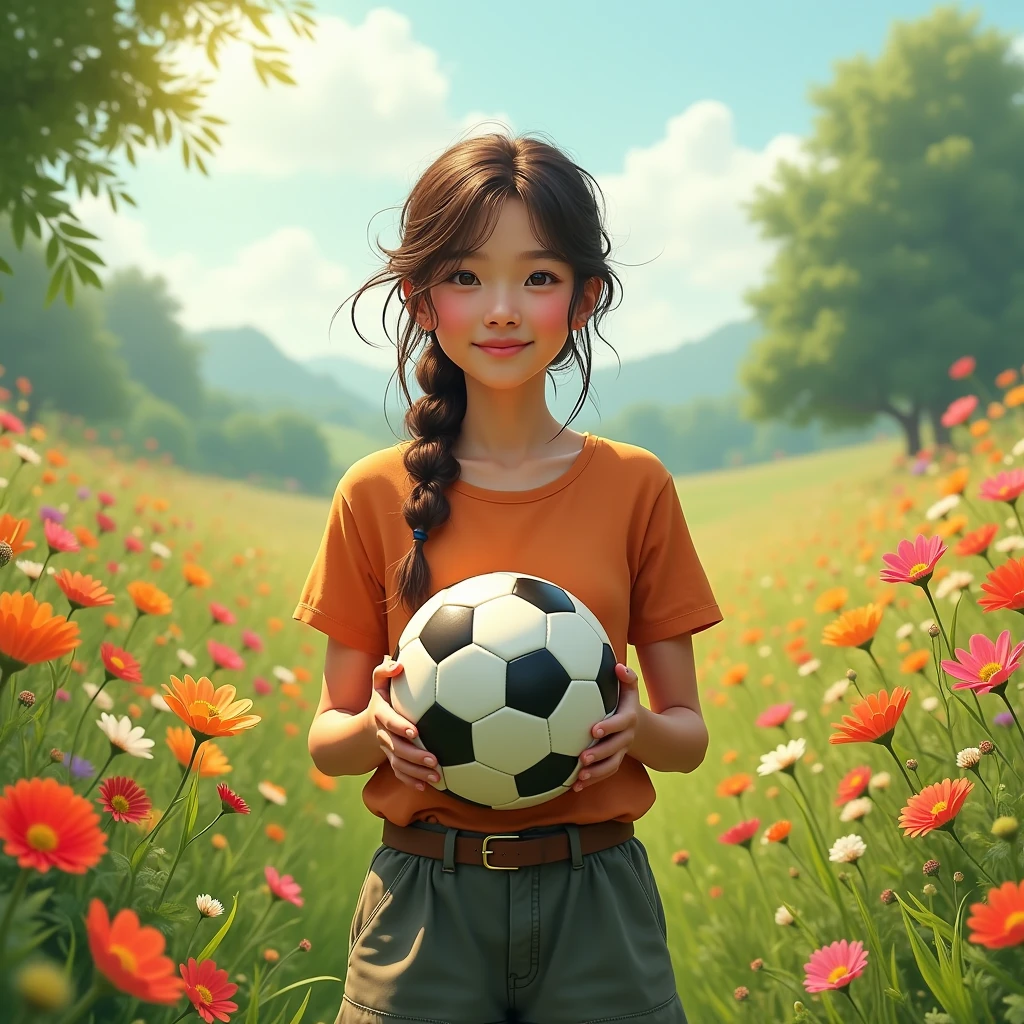 Mlada divka na louce plne rozkvetlych kvetin drzi v ruce fotbalovy mic a chce hrat fotbal