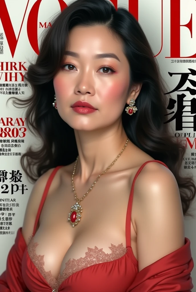 gravure, From the chest up, , mast, Highest quality, Very detailed, Realistic, Ultra-dense skin, Perfect Anatomy, (1 Japanese Mature), (alone), 60 years old, Big Breasts, cover magazine background, Mature adult female, plump, sexy, Pure white skin, Show Viewer, Middle-aged women,((Big Breast 1.6)),Upper limbs, Compensate, (lipstick: 0.9), (eyeliner: 0.8), mascara, eye shadow, Wavy Hair, Earrings, necklace, cover magazine、magazine, cover