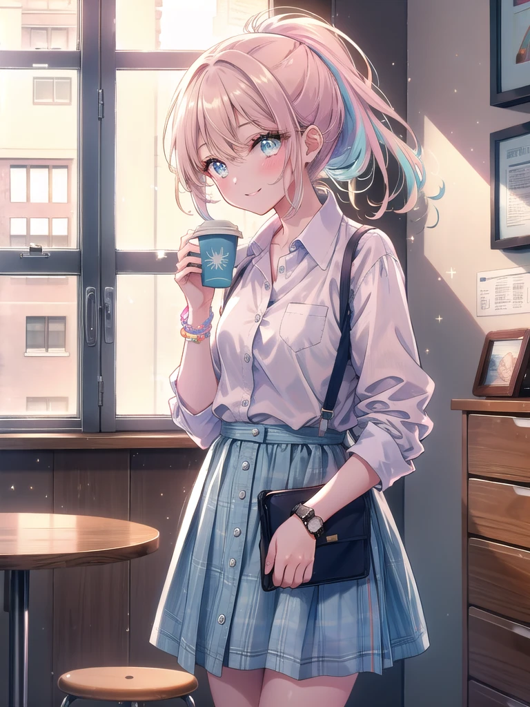 ((8k, Highest quality, masterpiece: 1.3)),Ultra-high resolution,(1 girl, alone), (Color changing eyes, Ultra-detailed, Expressive brilliance, Glitter, Glowing Eyes), Highly detailed eyes, Highly detailed face, Random Hair, ((pastel colour))The woman is in an office break room, standing by the window while checking her phone and holding a coffee cup. The break room is simple with a small kitchenette, a round table, and a bulletin board on the wall. She’s wearing a casual light blue button-down shirt tucked into beige chinos, with comfortable flats. Her hair is loosely tied in a ponytail, and she’s wearing a watch and simple bracelets. She glances at the camera with a relaxed, friendly smile, enjoying a quick break before heading back to work.

