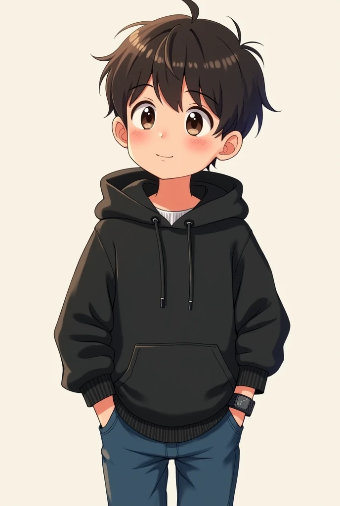 cute handsome boy little fat tummy wearing black hoodie jeans watch on hand, anime