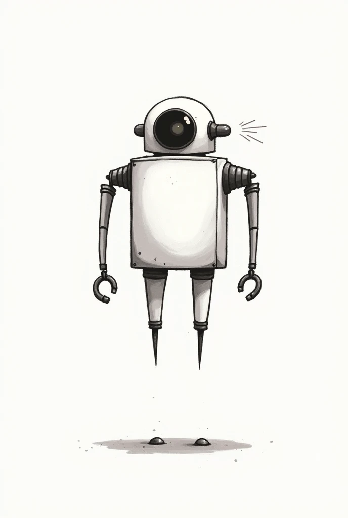 create a picture of a robot in 2D style, drawn with a black marker. The robot must be simple, composed of basic geometric figures and without much detail. frontal. Specifications: Short height and thick build.
Robot levitates in the air without wings.
It doesn't have legs.
FLEET Has only one eye that shoots a laser beam.
Their limbs are long but of simple design..
There should be no filling OR DOUBLE LINES, only outlines. frontal
