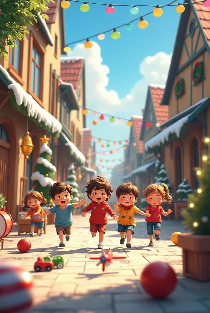 Children playing in the street with their toys, balls, cars, dolls, airplanes, balloons, Christmas drum corners