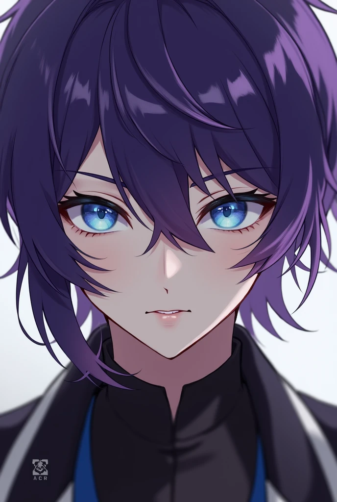 Scaramouche from genshin impact , purple hair with bowl cut and indigo eyes color without hat