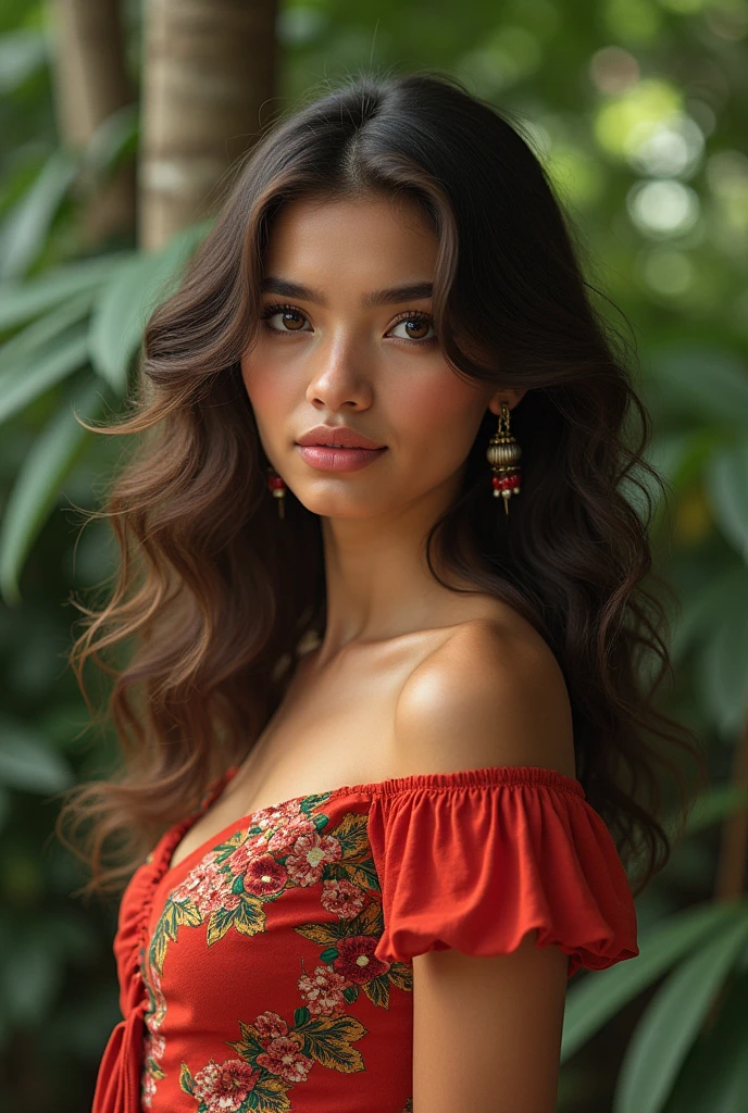 Girl from 1980's half Filipina half Spanish beautify, has light brown hair and brown eyes and curly hair, wearing filipiniana dress in Philippines