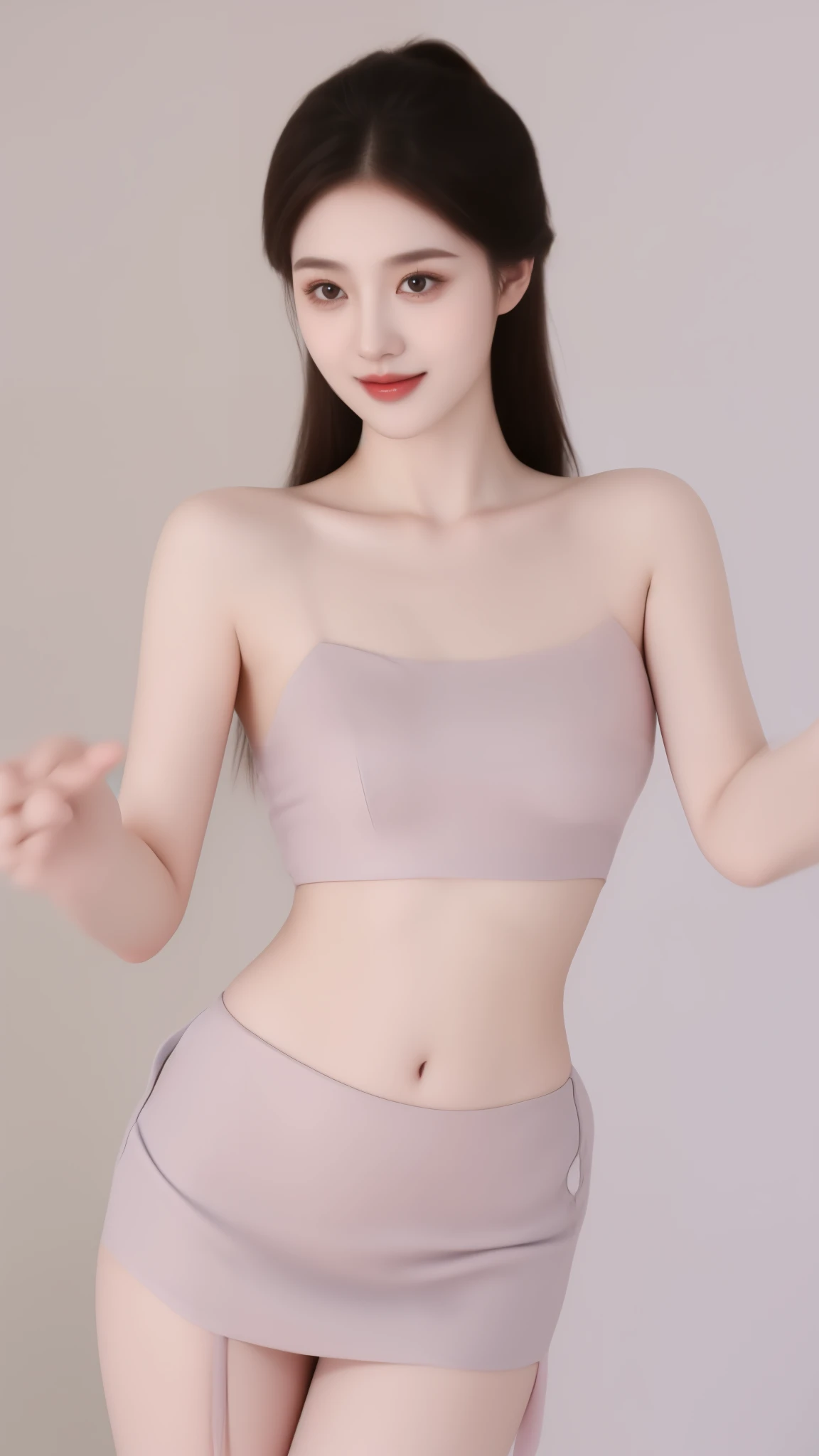 dress,navel, ((cowboy shot)), Redlip, A mature woman, cosmetics, フォトリアリスティック、real photograph、((realistically:1.5))、There are white phalaenopsis around the hair,Lilac dendrobium、white lilies、1 rapariga、Brown hair、floated hair、A plump chest, slim toned body, Charming legs, Hefty Smile, Strike elegant poses, Have extremely beautiful facial features、Hairpin on the head、perfect hand、(natta、themoon、precipice)、 vectorial art、Chinese contemporary art、gentlesoftlighting、looking-down