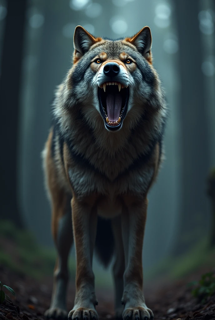 A ferocious alpha wolf, howling directly at the camera, hyper-realistic, close-up, detailed,alpha wolf,howling wolf,front facing wolf,hyperrealistic,closeup,detailed fur,intense eyes,bared teeth,dramatic lighting,cinematic composition,dramatic background, "Alpha c0ders" text overlay,wolf paw print textures