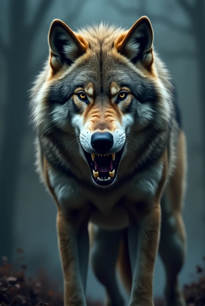 A ferocious alpha wolf, howling directly at the camera, hyper-realistic, close-up, detailed,alpha wolf,howling wolf,front facing wolf,hyperrealistic,closeup,detailed fur,intense eyes,bared teeth,dramatic lighting,cinematic composition,dramatic background, "Alpha c0ders" text overlay,wolf paw print textures