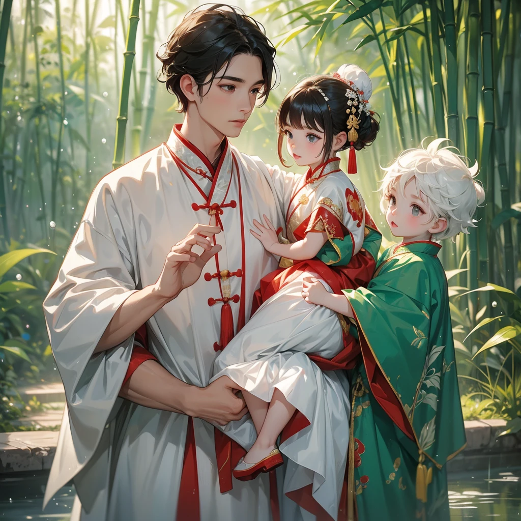 A one-year-old baby boy in an white ancient Chinese baby costume with his beautiful mother, dressed in an ancient Chinese costume, playing with each other, with his handsome father standing next to his mother, close up.
Behind is a lush green bamboo forest. The air after rain has water droplets splashing around.
