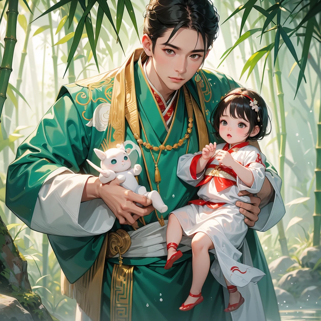 A one-year-old baby boy in an white ancient Chinese baby costume with his beautiful mother, dressed in an ancient Chinese costume, playing with each other, with his handsome father standing next to his mother, close up.
Behind is a lush green bamboo forest. The air after rain has water droplets splashing around.