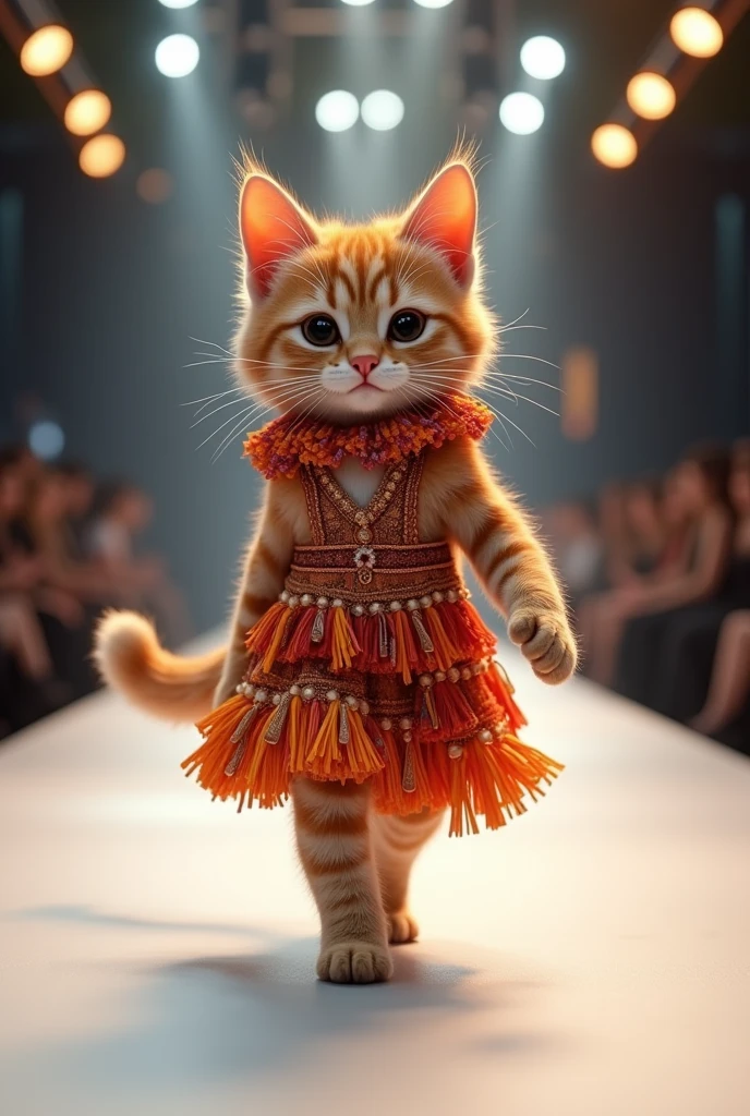 (photorealism:1.2), cute cat wearing tassel dress walking on the runway