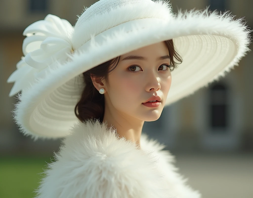 A white woman wearing a fluffy white hat、A scene from a movie