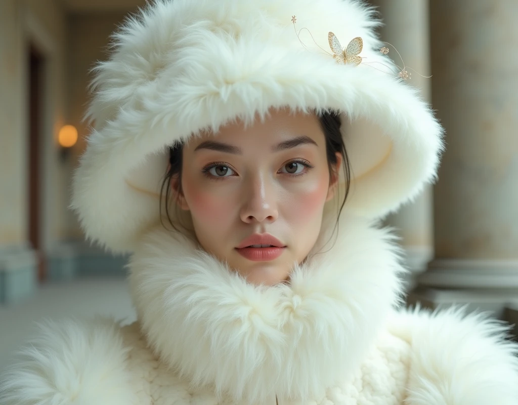 A white woman wearing a fluffy white hat、A scene from a movie