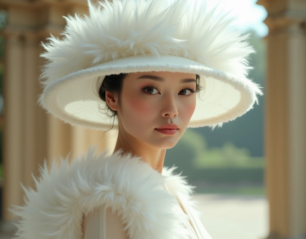 A white woman wearing a fluffy white hat、A scene from a movie