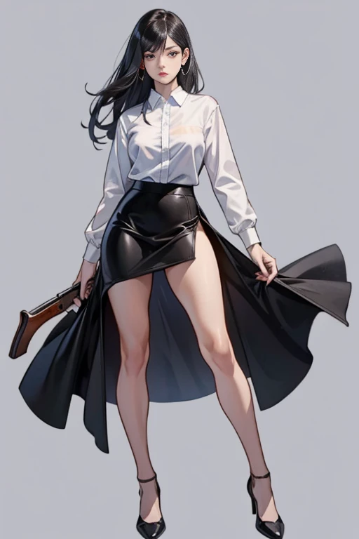 Highest quality、Ultra HD、One Woman、(long black hair 1.3)、(Black Suit 1.3)、(shirt)、(Black tight skirt 1.1)、(Slender body)、((1 who has a gun.5))、(Beautiful face with slits 1.2)、(Black leather shoes 1.2)、Large Breasts、tall、(Daytime city background 1.2)、((Clear and beautiful touch))、(3 Asian woman)