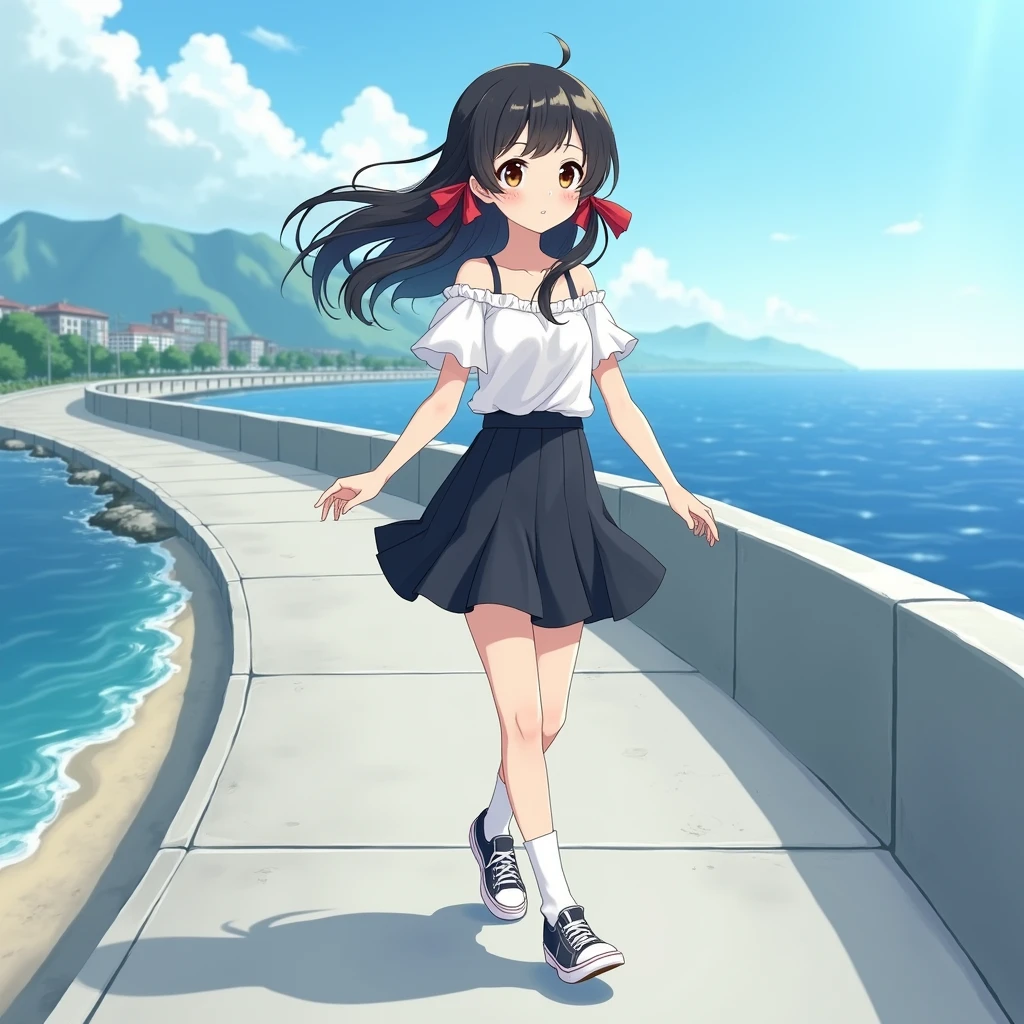 Anime Style,
Ocean沿いを歩く一人の少女.
She is wearing a cute white blouse with a low collar, short sleeves and no buttons., Wearing a black flared skirt, Not a school uniform,
Wearing white knee-high socks, Wearing sneakers.
Her hair is red ribbons low twin tails very long and black,
not high twintails, Not half-up.
Late s, Small breasts, Has dark brown eyes.
Concrete revetment, Ocean, Ocean岸線, Mountain, Streetscape,
Daytime, from front.