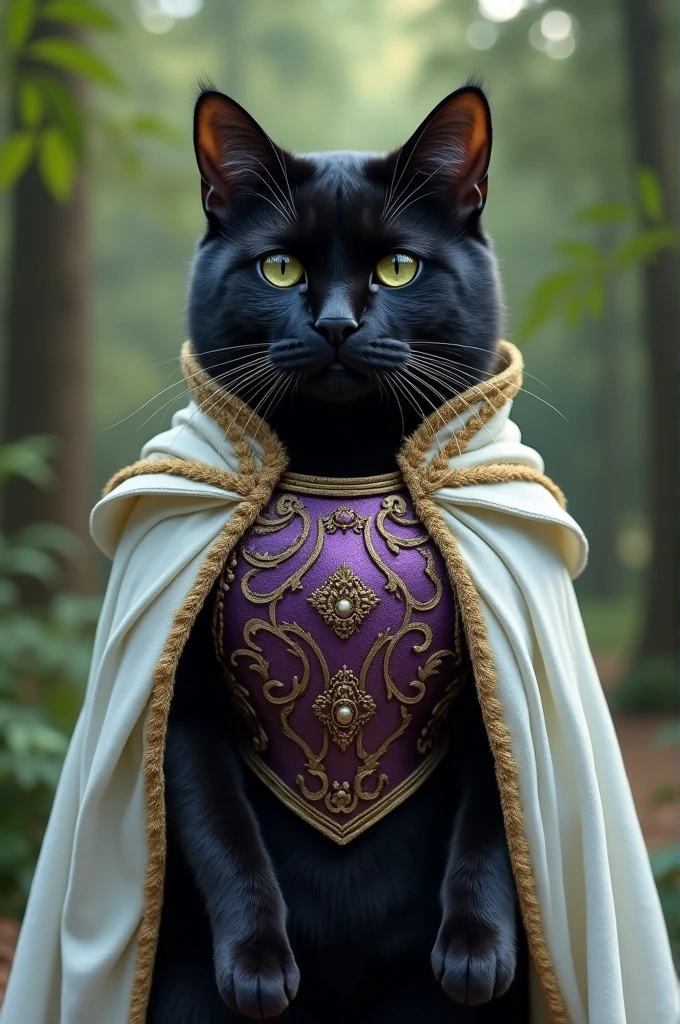 Photorealistic Ultra-HD black British Shorthair cat Fur Imposing with white evening dress Purple breastplate Forest background Elegant posture