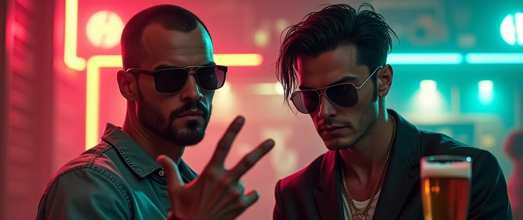 A man with half a body and a clean-shaven face, and a man with black hair and a clean-shaven face looking forward, one of the men makes a hand sign, In sunglasses, man with half body in GTA V style, как personaж из gtaв, стиль gta5, стиль gta v, persona, beautiful girl, gta, Germa985 , как главный герой gta 5, стиль gta 6, ! split hair dye!, Персонаж GTA V, gta 5 тон кожи, GTA V street style, glass of beer in the background, photo with half body full length, glass of beer front man with short hair, glass of beer with foam