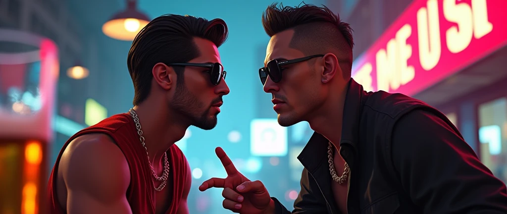 A man with half a body and a clean-shaven face, and a man with black hair and a clean-shaven face looking forward, one of the men makes a hand sign, In sunglasses, man with half body in GTA V style, как personaж из gtaв, стиль gta5, стиль gta v, persona, beautiful girl, gta, Germa985 , как главный герой gta 5, стиль gta 6, ! split hair dye!, Персонаж GTA V, gta 5 тон кожи, GTA V street style, glass of beer in the background, photo with half body full length, glass of beer front man with short hair, glass of beer with foam
