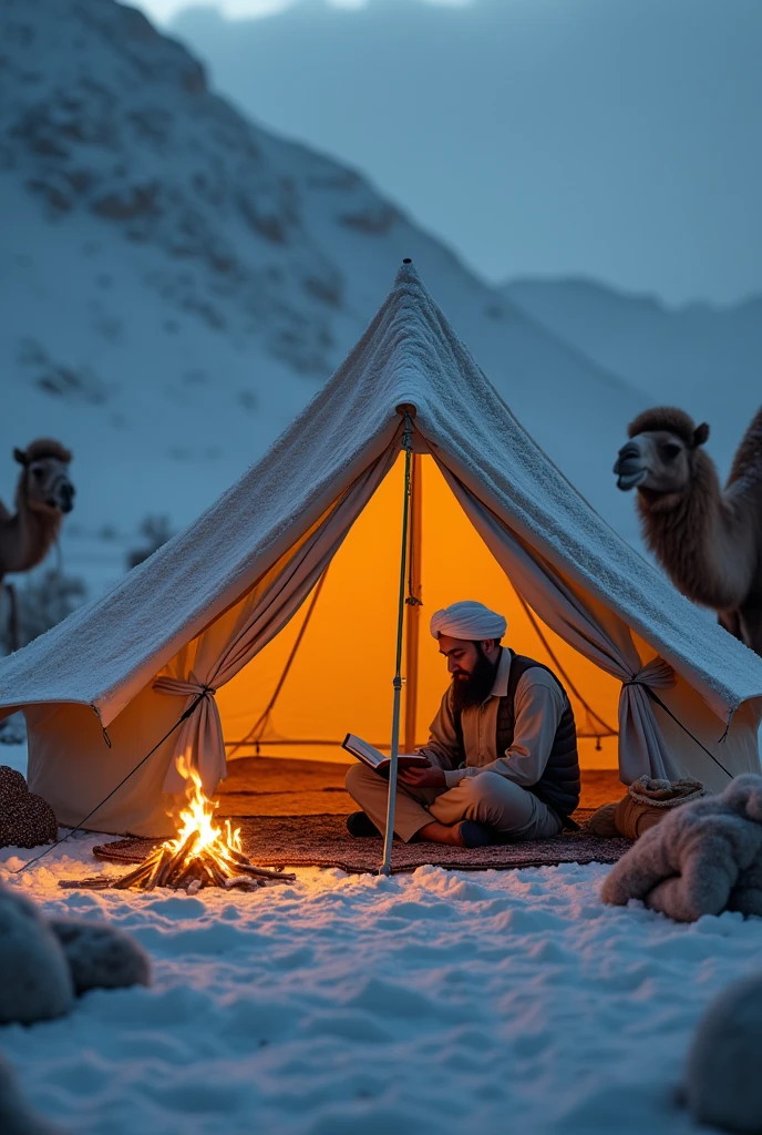 a close photo of a beautiful big tent covered with snow.lamp is lighten in it,and a fire camp in front of it. A muslim man reading a holy book in it ,camels are grazing around it.
