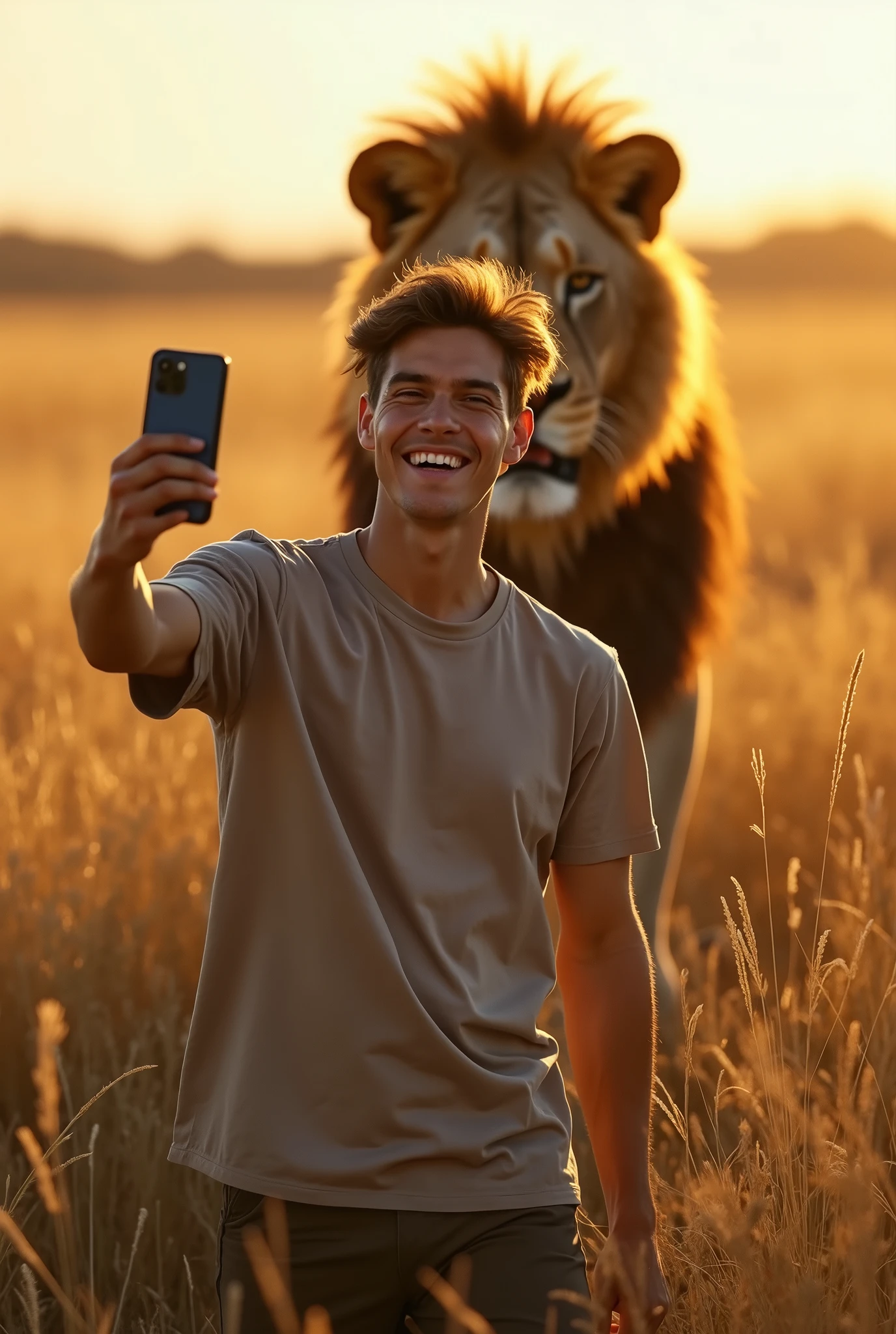 Last selfie. The young man is posing, apparently calm, in the middle of the African savannah. Behind him, the tall grass suddenly opens up, and a hungry lion silently emerges, almost one step away from him. The absurdity of the situation is accentuated by his carefree smile and the deadly threat lurking just behind him.. Oops.