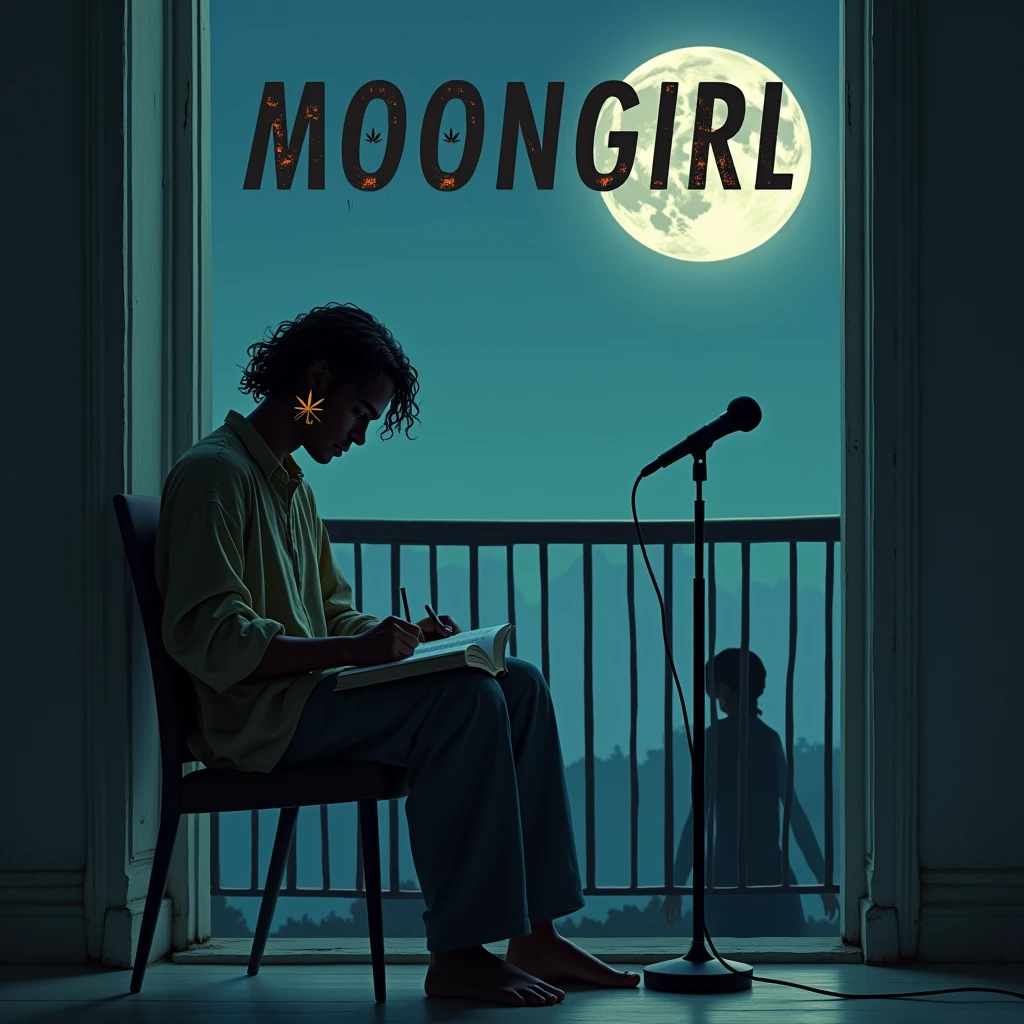 It illustrates a man with dark skin and long, wavy hair., sitting alone on a chair by his balcony, immersed in the creation of poems. at your side, A window reveals a serene night illuminated by the full moon, bathing the scene in a soft glow. She wears oversized clothing that accentuates her relaxed style., and wears a hanging earring in the shape of a ????????? leaf. at your side, A microphone on a pedestal becomes your silent confidant. A mysterious female shadow appears faintly on the scene, adding an air of enigma. At the top of the image, The title &#39;Moongirl&#39; appears in large, worn letters, as if they had been stamped, bringing an artistic and melancholic touch to the composition